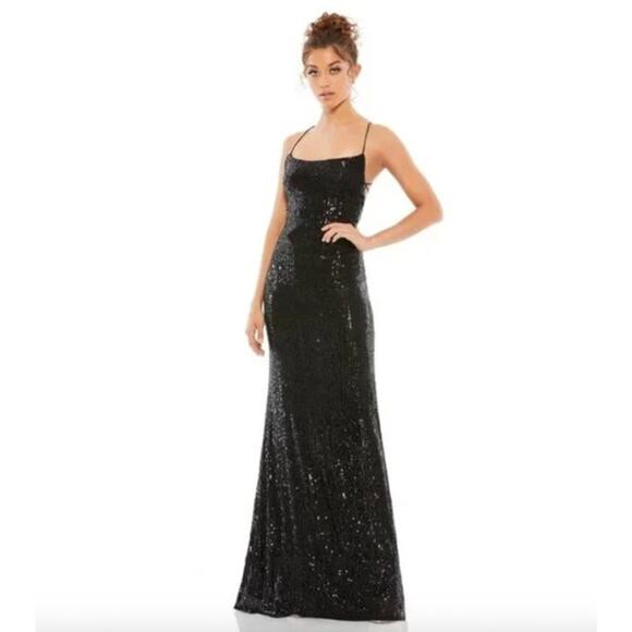 MAC DUGGAL Dress Size 10 Evening Gown NEW Sequin Black Stretch Sequin Lace Up - Picture 1 of 7